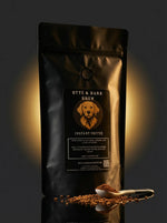 Byte & Bark Brew® black resealable pouch with label and spoonful of instant coffee granules