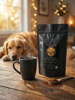 Matte black Byte & Bark Brew® instant coffee pouch beside steaming mug and spoonful of granules