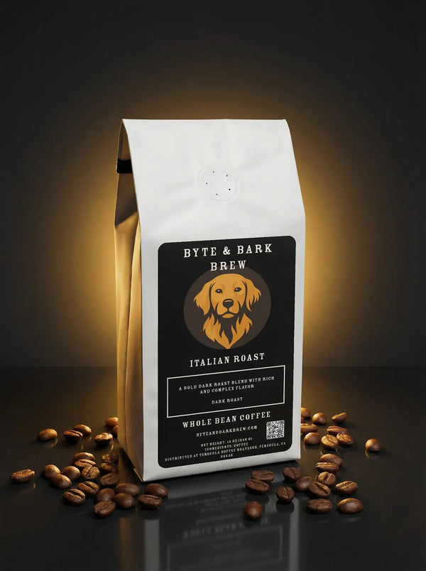 White standing coffee bag labeled Byte & Bark Brew® Italian Roast with roasted coffee beans scattered