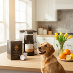 Byte & Bark Brew® pod box with single coffee pod beside Keurig machine and golden retriever on counter