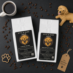 Two white coffee bags labeled Byte & Bark Brew® with golden dog logo, scattered beans, coffee cup