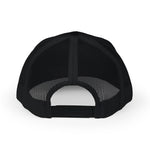 Rear view of black mesh trucker cap showing center seam, top button, and snapback closure