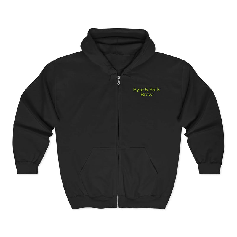 Black full-zip hooded sweatshirt with green Byte & Bark Brew® text on chest