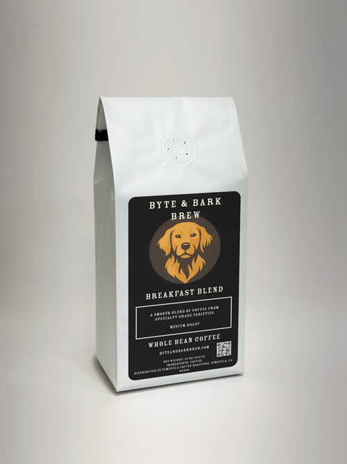 White rectangular bag of Byte & Bark Brew® Breakfast Blend whole bean coffee with black label