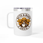 White insulated mug with clear lid and Byte & Bark Brew® brown dog logo, front-facing