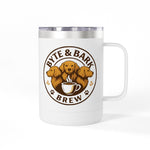 White insulated mug with clear lid and stainless rim showing Byte & Bark Brew® logo