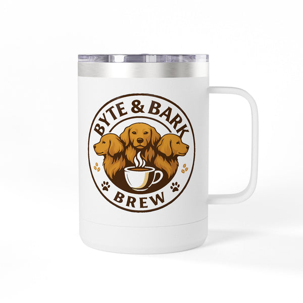 White insulated mug with clear lid and stainless rim showing Byte & Bark Brew® logo