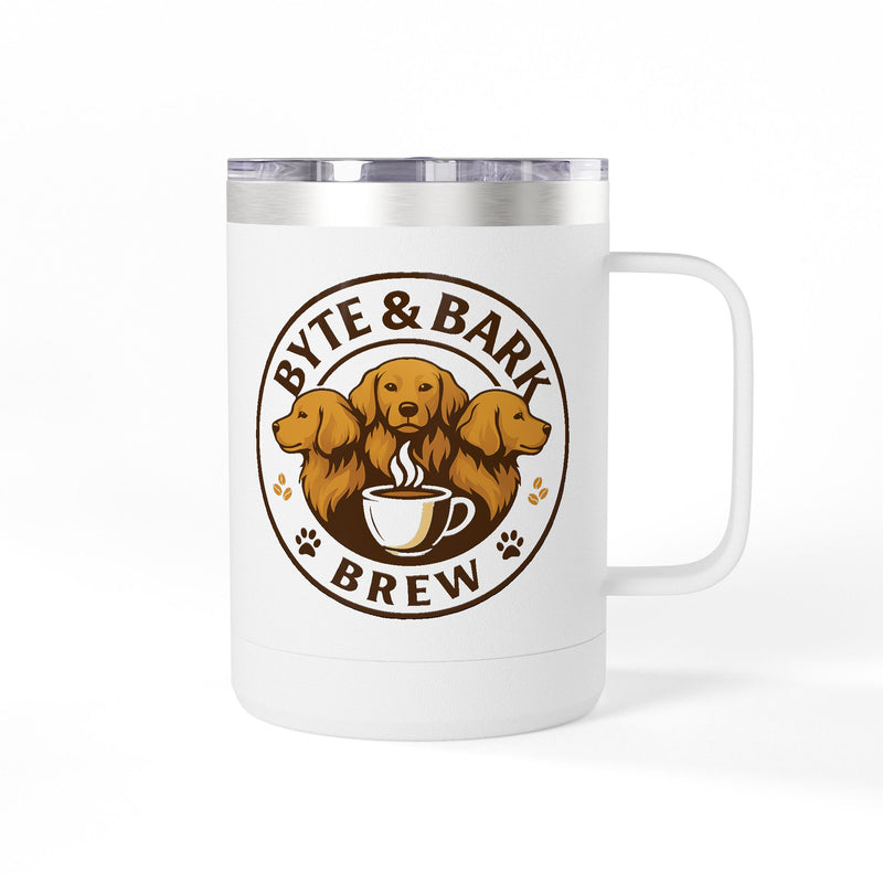 White insulated mug with clear lid and stainless rim showing Byte & Bark Brew® logo