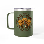 Green insulated mug with clear slide lid and Byte & Bark Brew® three-dog circular logo