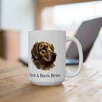 White ceramic mug showing realistic golden retriever portrait and Byte & Bark Brew® text