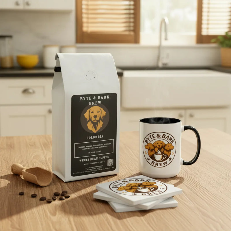White coffee bag, steaming mug, and logo coasters branded Byte & Bark Brew® on wooden counter
