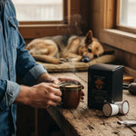 Hands holding steaming ceramic mug beside Byte & Bark Brew® pod box and two pods
