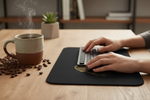 Black rectangular mouse pad with gold circuit-style dog illustration beneath hands using keyboard and mouse