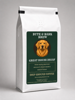 White standing coffee bag with green Byte & Bark Brew® label featuring golden retriever portrait
