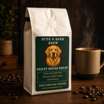 White coffee bag with green Byte & Bark Brew® label showing a dog portrait and steam