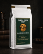 White standing coffee bag with green Byte & Bark Brew® label showing golden retriever portrait