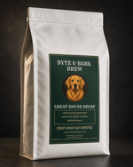 Tall white coffee bag with green Byte & Bark Brew® label showing golden retriever portrait