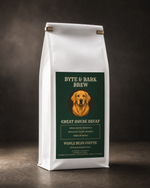 White stand-up coffee bag with green Byte & Bark Brew® label and golden retriever portrait