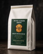 White standing coffee bag with green label showing a golden retriever portrait and Byte & Bark Brew® branding