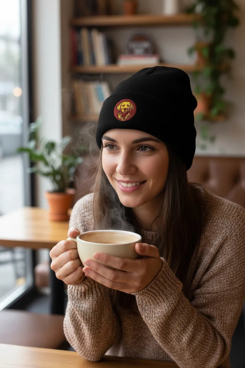 Person wearing a black knit beanie with embroidered dog patch, holding a steaming coffee cup