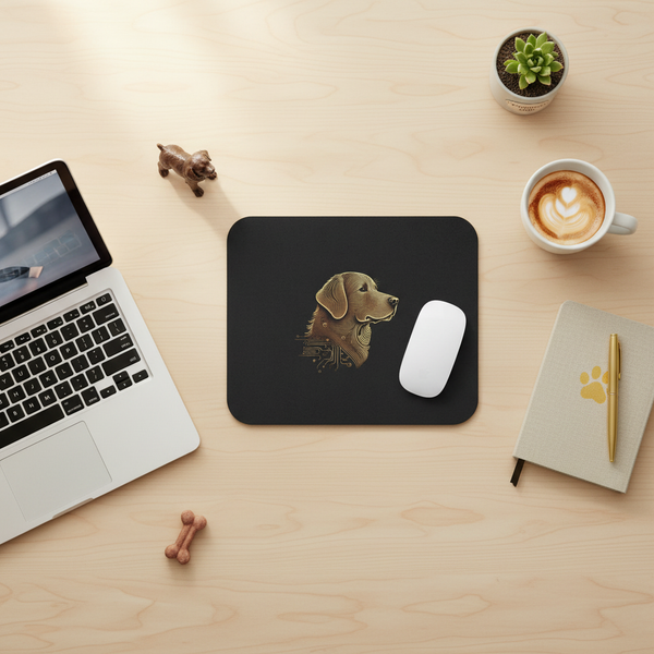 Black rectangular mouse pad with golden circuit-style dog illustration, white wireless mouse flat on top