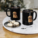 Two steaming black mugs with Golden Retriever illustration and visible Byte & Bark Brew® logo