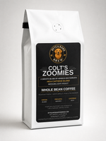 White three-quarter bag of Byte & Bark Brew® Colt's Zoomies whole bean coffee with black label