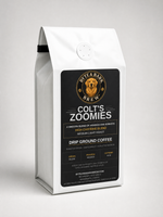 White coffee bag with black label showing Byte & Bark Brew® gold dog logo and 'Colt's Zoomies'
