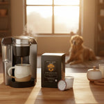 Keurig brewer pouring into speckled ceramic mug beside Byte & Bark Brew® pod box and pods