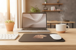 Black rectangular mouse pad featuring a stylized dog head graphic with a white wireless mouse on top