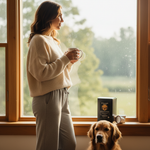 Woman holding steaming mug by window beside a boxed coffee on the sill and seated golden retriever