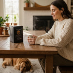 Box of Byte & Bark Brew® coffee on table beside steaming mug and woman in sweater