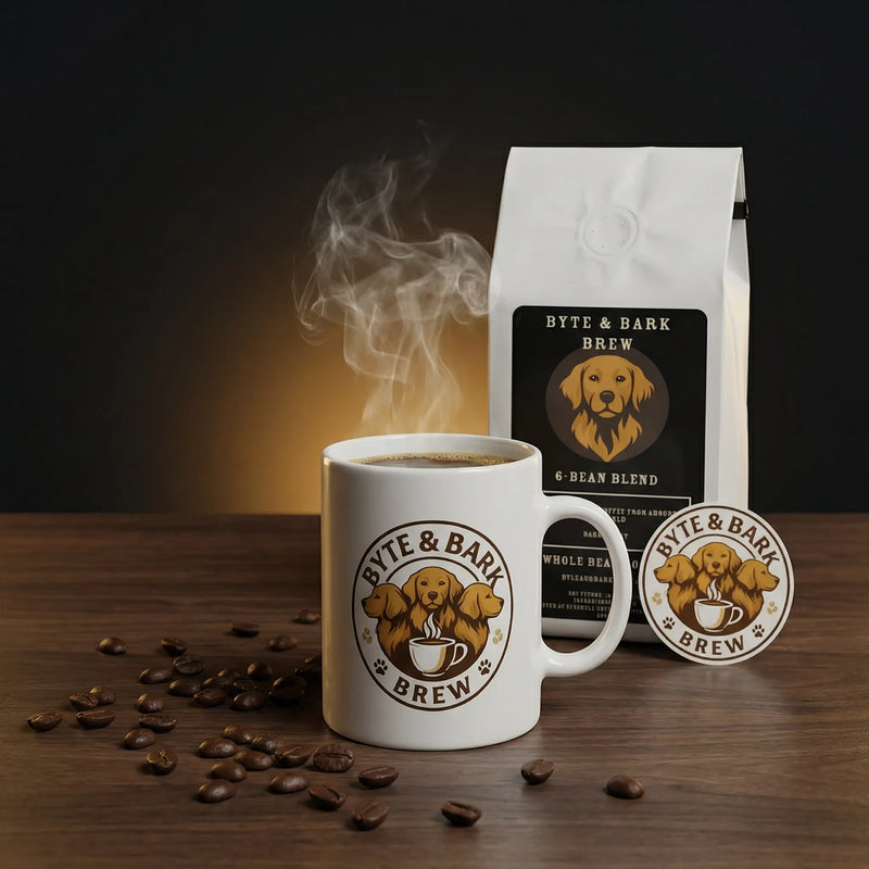 Steaming white mug and matching Byte & Bark Brew® bag with scattered coffee beans