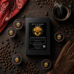 Byte & Bark Brew® black box of single-use coffee pods with dog logo, scattered pods and beans