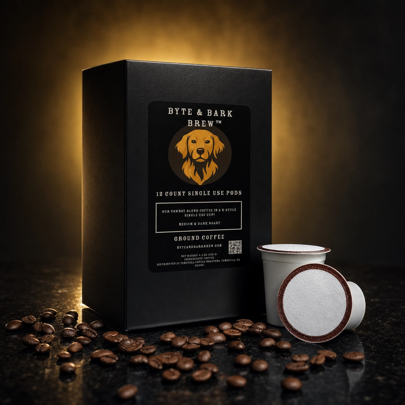 Dark matte box labeled Byte & Bark Brew® with dog logo, coffee pods and scattered coffee beans