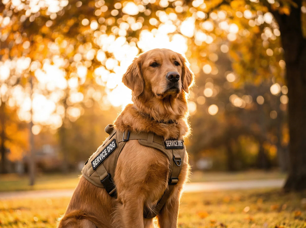 Dog wearing a service dog vest in a park with autumn foliage