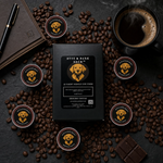 Byte & Bark Brew® black box of single-use coffee pods amid scattered beans and steaming mug