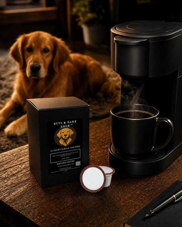 Byte & Bark Brew® black box, two coffee pods, steaming black mug beside compact coffee maker, dog in background