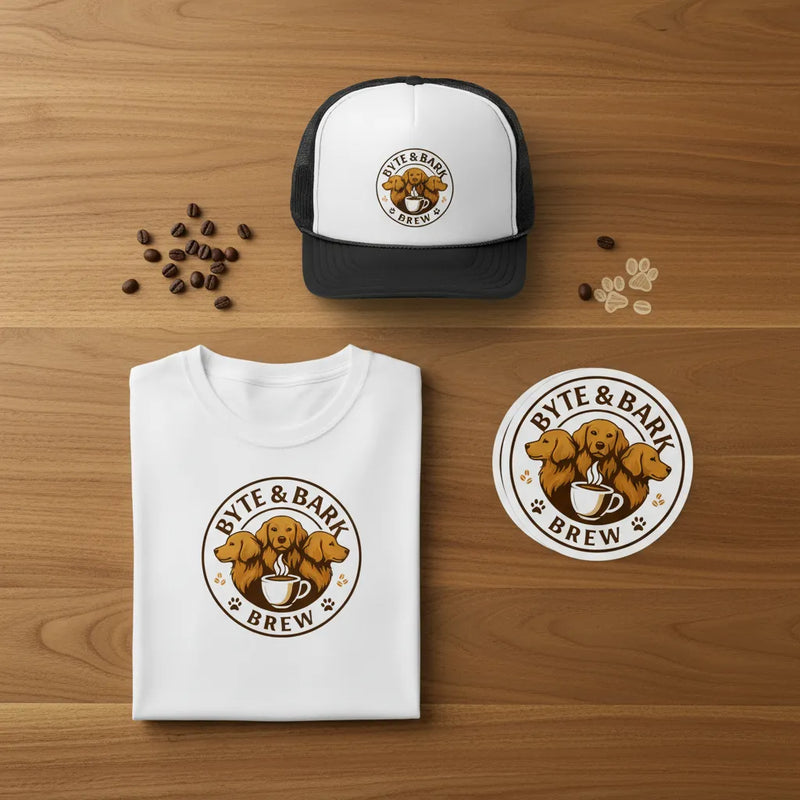 Folded white T-shirt, black and white trucker cap, round sticker featuring Byte & Bark Brew® logo